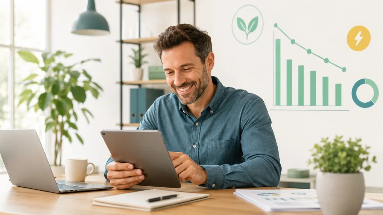 Empresario sonriendo al ver un gráfico de ahorro en la factura de luz de su PYME.