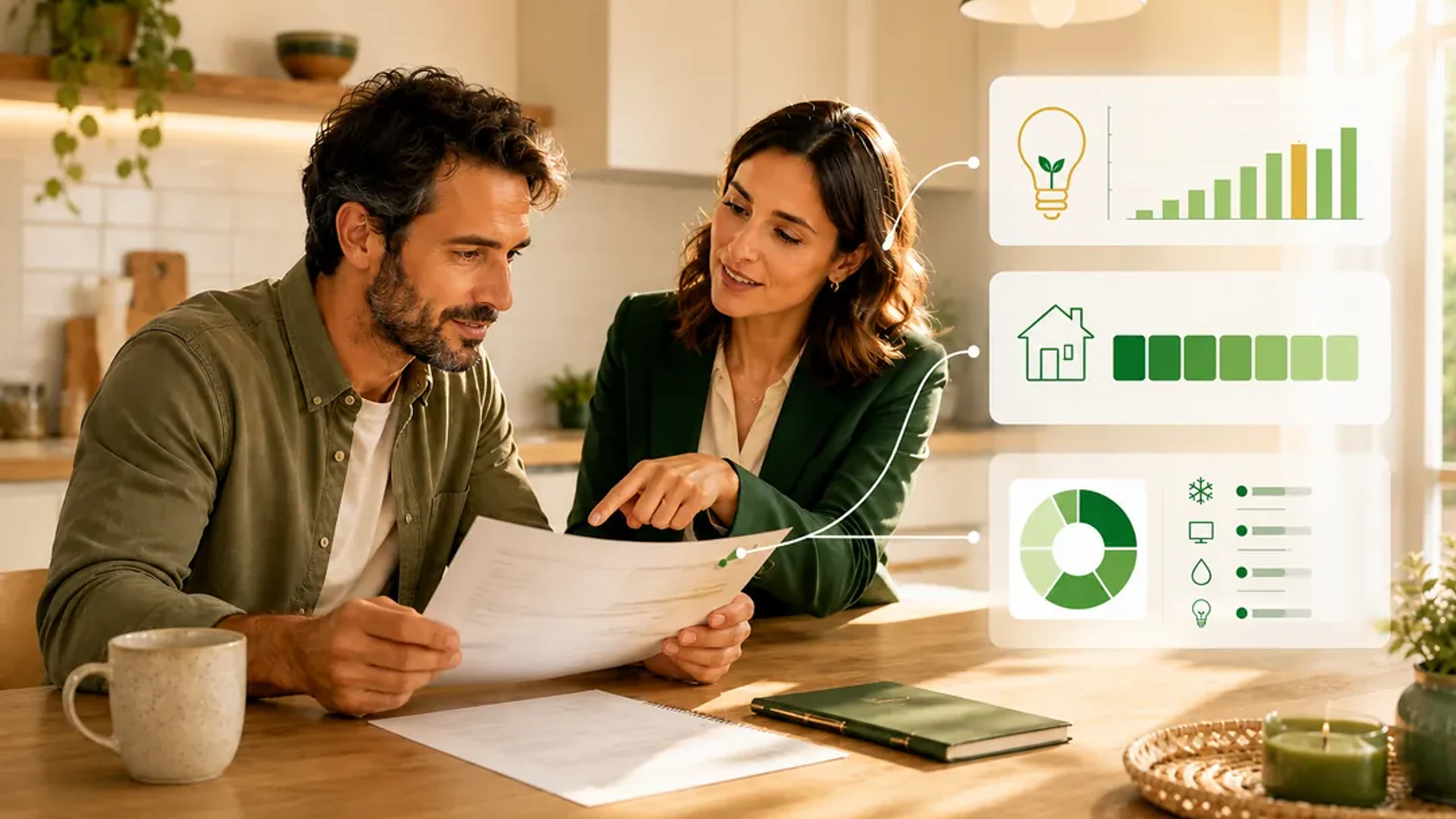 Persona revisando su factura de la luz con apoyo de un asesor energético.