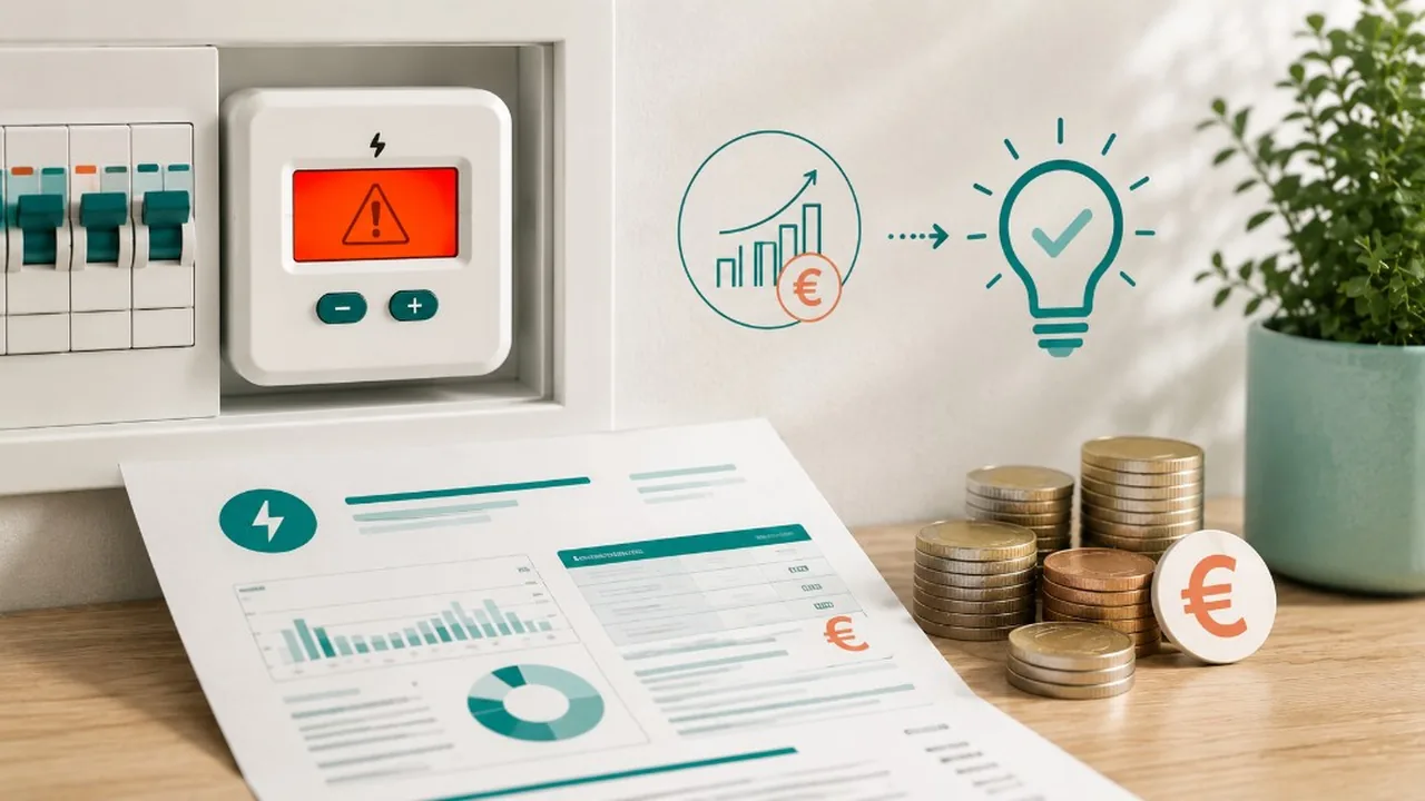 Medidor de luz con error y factura, simbolizando coste excesivo por potencia contratada.