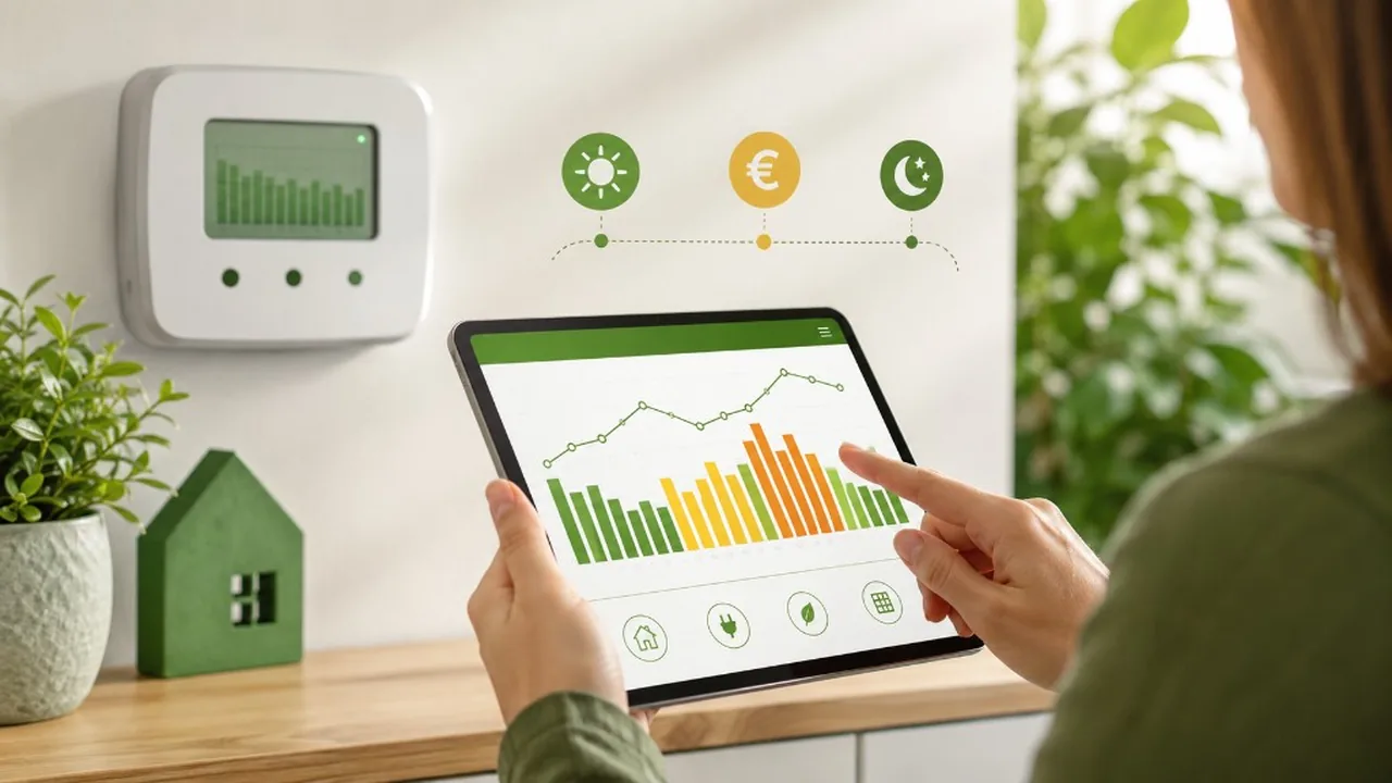 Gráfico de consumo de luz por horas y una mano usando una app de monitorización energética.