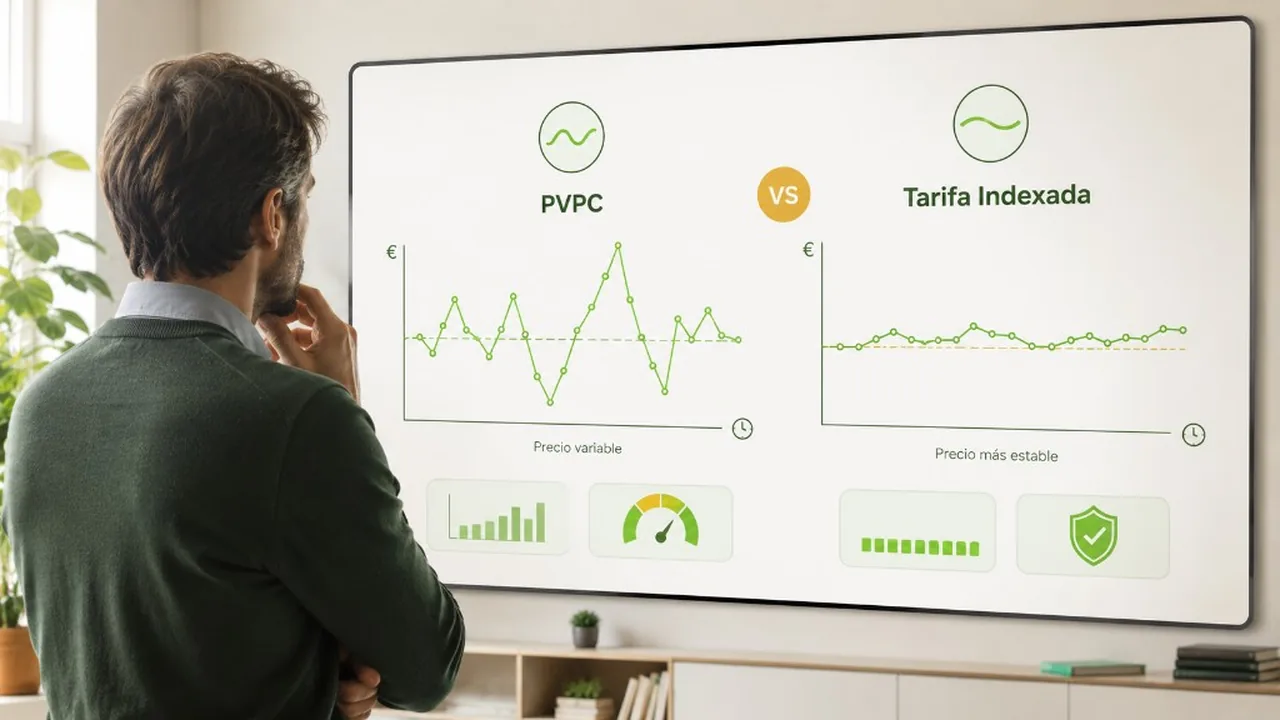 Persona comparando gráficos de tarifas eléctricas PVPC e indexadas para elegir la mejor opción.
