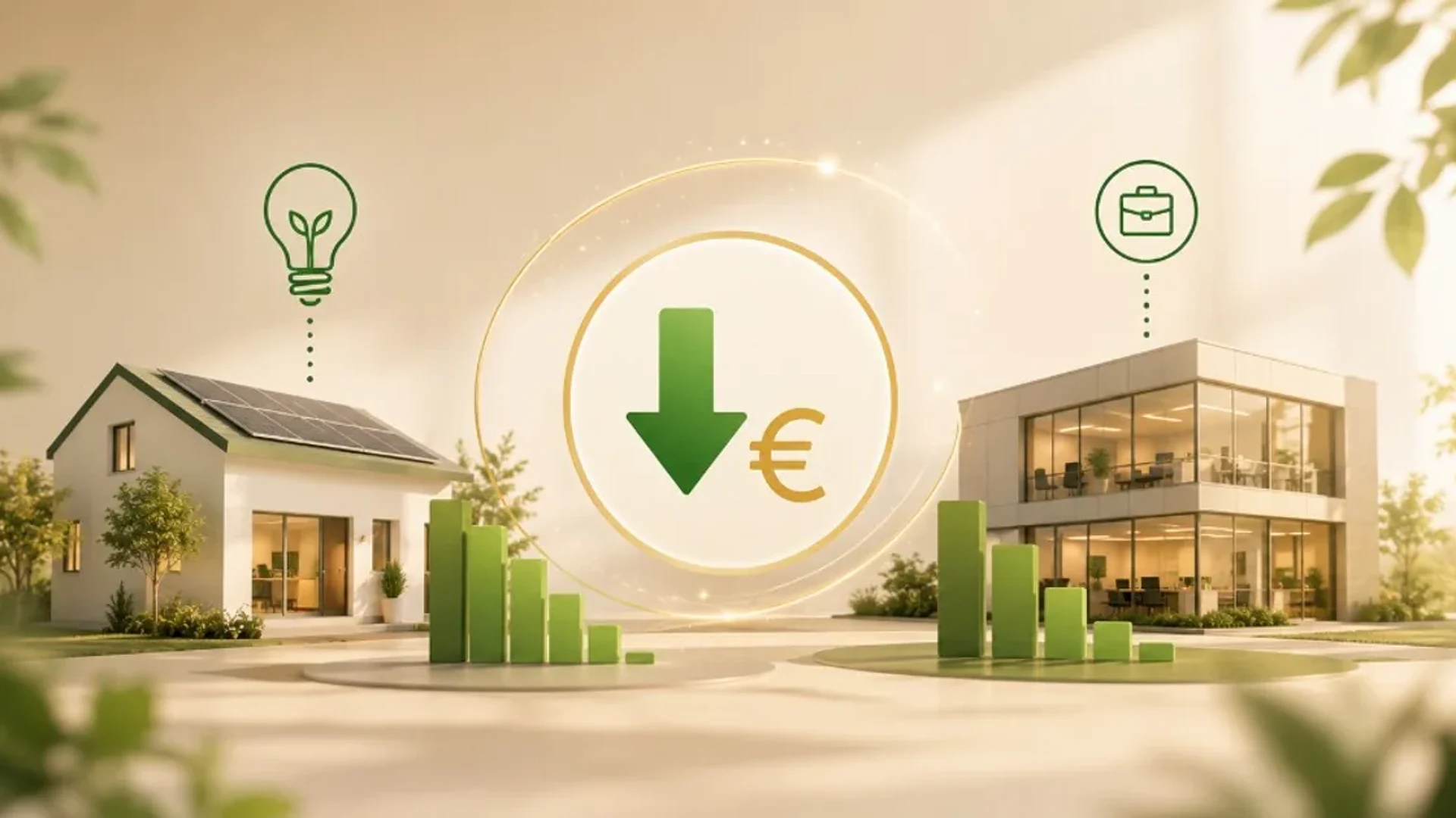 Ilustración de ahorro en la factura eléctrica para hogar y pyme, con símbolo de euros a la baja.