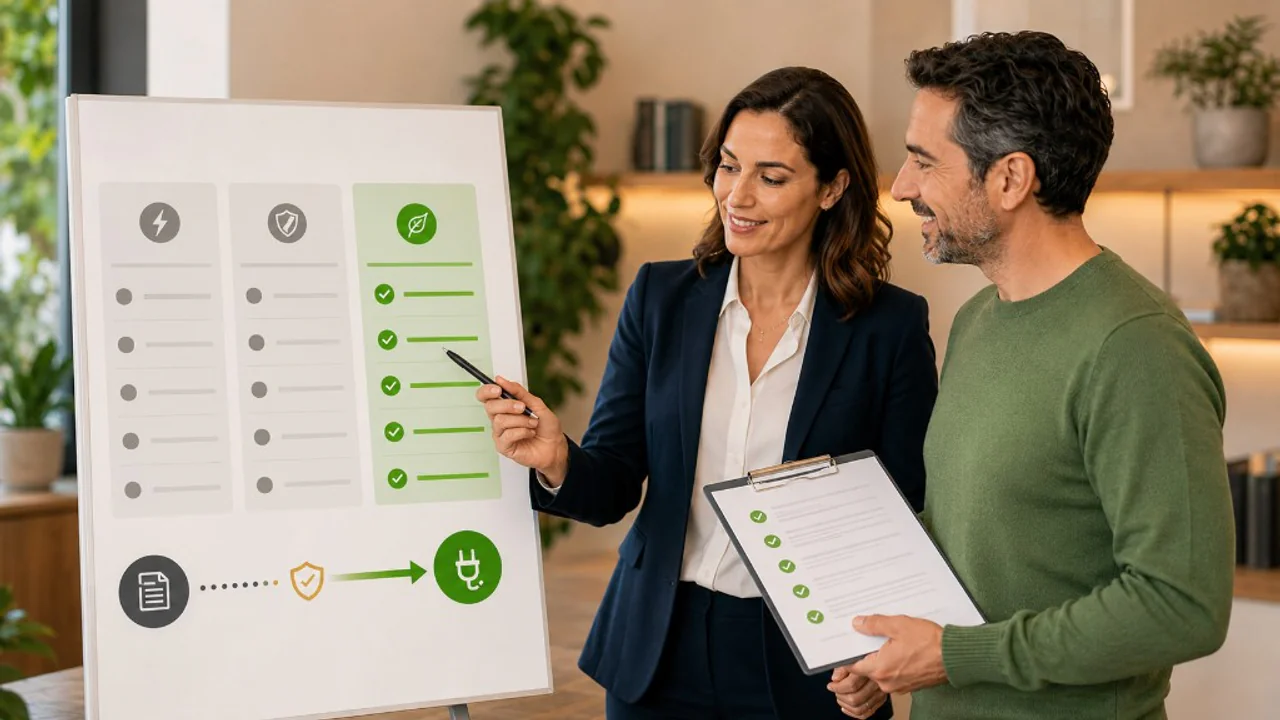 Consultora comparando opciones de comercializadora eléctrica con un cliente en un panel con checklist.