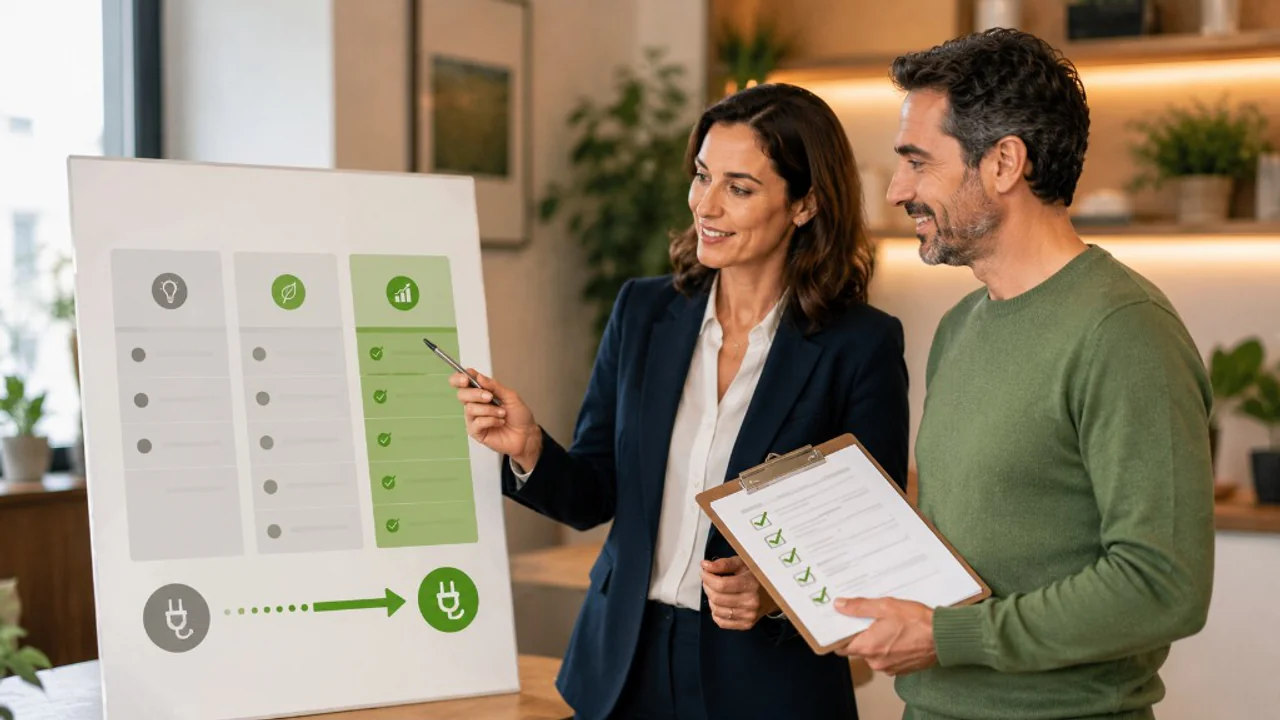 Consultora mostrando un plan de eficiencia energética a un cliente de PYME, comparando opciones en un panel.